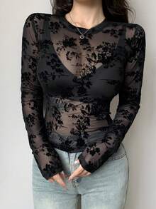 DAZY 女士薄纱蕾丝圆领修身套头T恤 - 黑色 - 查看 6