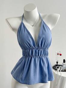 SHEIN Áo croptop denim hở lưng cổ yếm gợi cảm cho mùa hè - Màu xanh lam - Xem 4