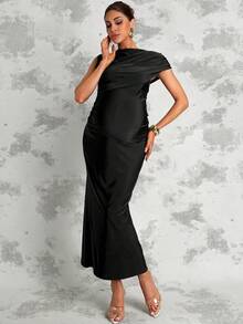 MaterniChic Vestido elegante de maternidad de unicolor con drapeado ajustado - Negro - Ver 7