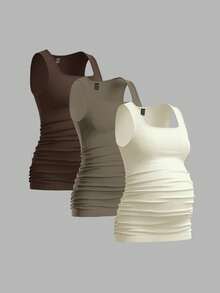 Modmama 3pcs Maternity Women's Solid Color Slimming Tank Tops, Casual & Simple, Perfect For Summer - Brown - View 4