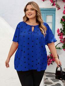 SHEIN CURVE+ Áo thun cỡ lớn CURVE PLUS /Ngày Valentine/Áo thun mùa xuân và mùa hè xếp bèo hình trái tim, Áo thun ngày Valentine - Màu xanh lam - Xem 8