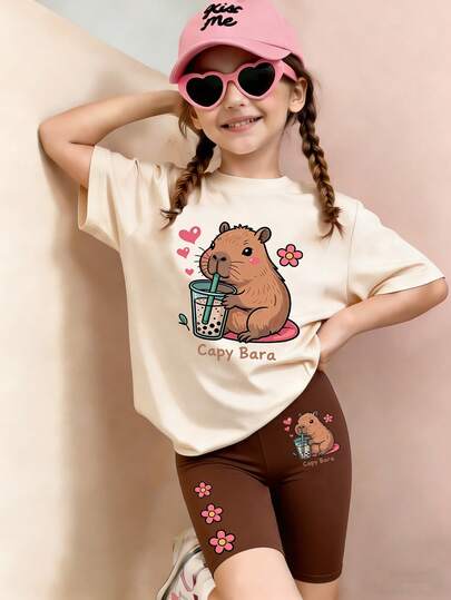 Conjunto de camiseta básica de manga corta y pantalones cortos de ciclista con estampado de dibujos animados de corazón, letra y té de burbujas, para niñas pequeñas y jóvenes, estilo casual y minimalista, adecuado para primavera, verano y otoño