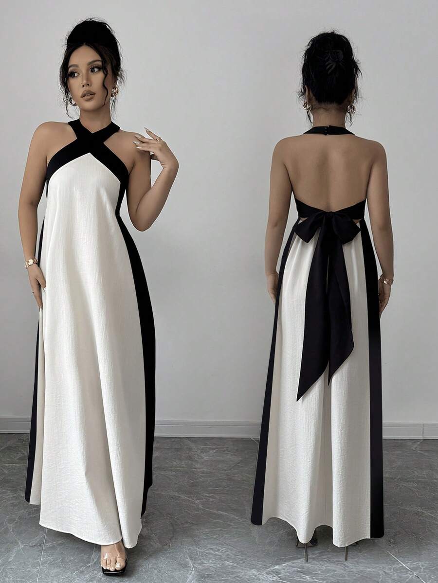 Rafferiza 女士夏季波西米亚风度假露背吊带蝴蝶结撞色连衣裙 - 杏色 - 查看 1
