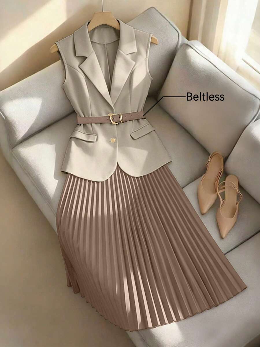 Franclia Bộ đồ công sở nữ mùa xuân/hè kiểu Pháp thanh lịch gồm áo blazer không tay cổ bẻ và chân váy midi xếp ly cạp cao, thích hợp cho công sở. - Màu Khaki - Xem 1