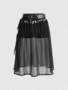 ROMWE 度假风性感贝壳装饰透视迷你裙短裤套装 - 黑色 - 查看 1