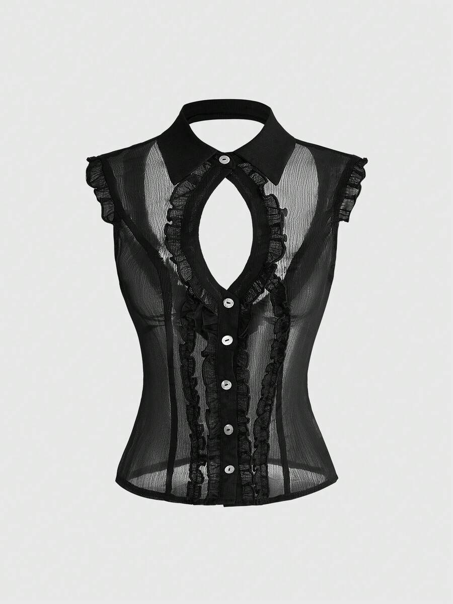 ROMWE Avant Dark Vacation Vibe Black Sexy Fitted Backless Sheer Shell Button Women Blouse - Black - View 1