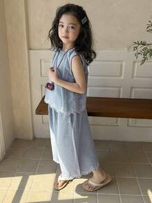 Dazy Kids 女童纯色圆领无袖荷叶边牛仔套装，夏季 - 淺色水洗藍 - 查看 6