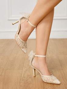 CUCCOO HITCHD 尖头细高跟镂空蕾丝和网眼蝴蝶结杏色婚礼派对优雅女士高跟鞋 - 杏色 - 查看 6