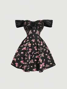 SHEIN MOD Off-Shoulder Fishtail Waist Flared Floral Print Mini Dress With Black Background - Multicolor - View 2