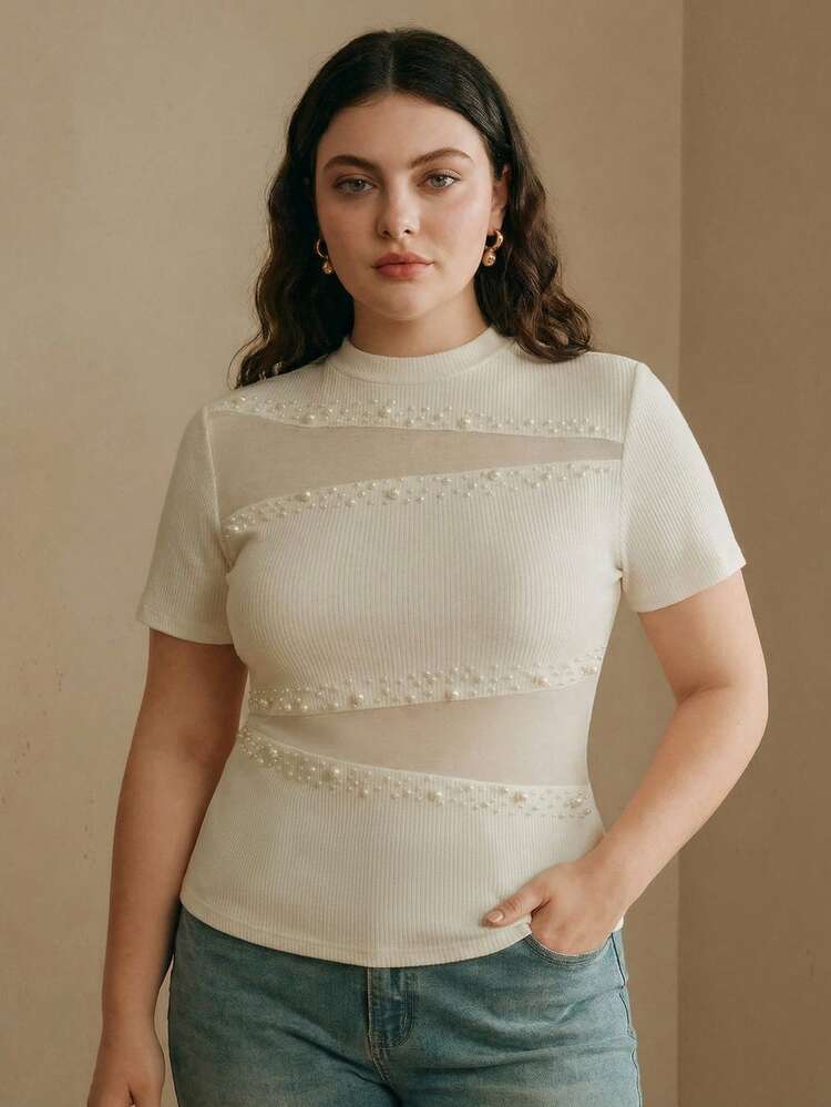 Camiseta ajustada de manga corta y cuello mao elegante para mujer, primavera/verano, con panel frontal de tela semitransparente y adornos hechos a mano con perlas y diamante de imitación, estilizadora y versátil, adecuada para uso casual, vacaciones y oficina, tallas grandes