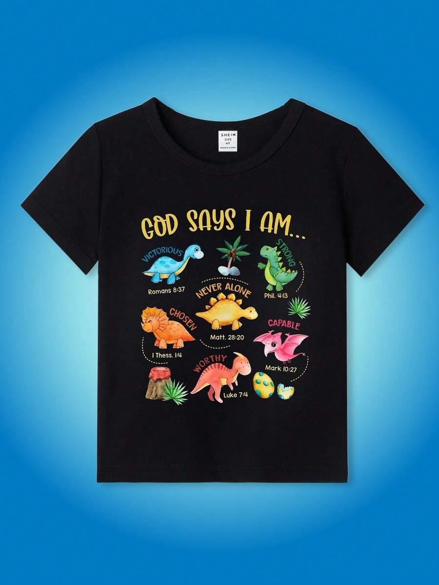 SHEIN Camiseta de manga corta básica de moda para niños pequeños con estampado de animales y letras de dibujos animados - Negro - Ver 1
