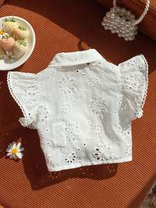 SHEIN 女宝宝可爱夏季度假白色花卉刺绣领短袖衬衫 - 白色 - 查看 2