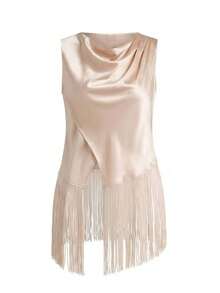 Auralis New Summer Satin Fabric Plus Size Elegant Commuting Workplace Long Tassel Hem Casual Top / Collar Pleated Loose Collar Modern Elegant Shirt / New Asymmetrical Hem Loose Shirt Silk Top For Women Elegant Blouse For Women Casual Modern Latest Tops For Women New Arrivals Sleeveless Top Satin Top Fringe Top - Apricot - View 7