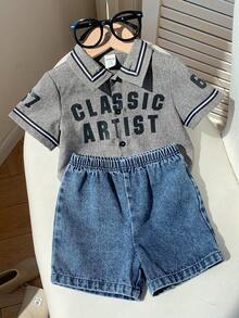 SHEIN 2件套男婴夏季休闲运动棒球外套和蓝色牛仔短裤套装，儿童服装 - 彩色 - 查看 6