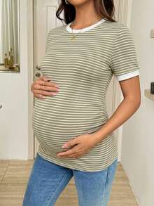 SHEIN Maternity Casual Striped Short Sleeve Fitted T-Shirt, Summer - Khaki - View 7