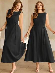 Roveilla Plus Size Women's Solid Color Boat Neck Sleeveless Maxi Dress With Waist Belt, Elegant French Retro Style For Office Evening Formal, Business, Casual, Beach, Party, , Spring/Summer Sleeveless Dress Elegant Plus Size Dress Black Curve Dresses Plain Plus Size Dresses Zanea Dress For Woman Ladies Dresses Zanzea Dress For Women Plus Size - Black - View 7