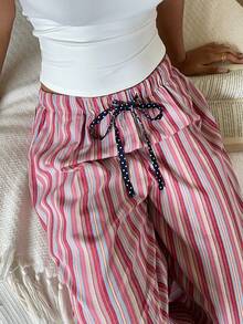 CovetEZ Women's Drawstring Waist Striped Wide Leg Loose Casual Pants - Pink - View 6