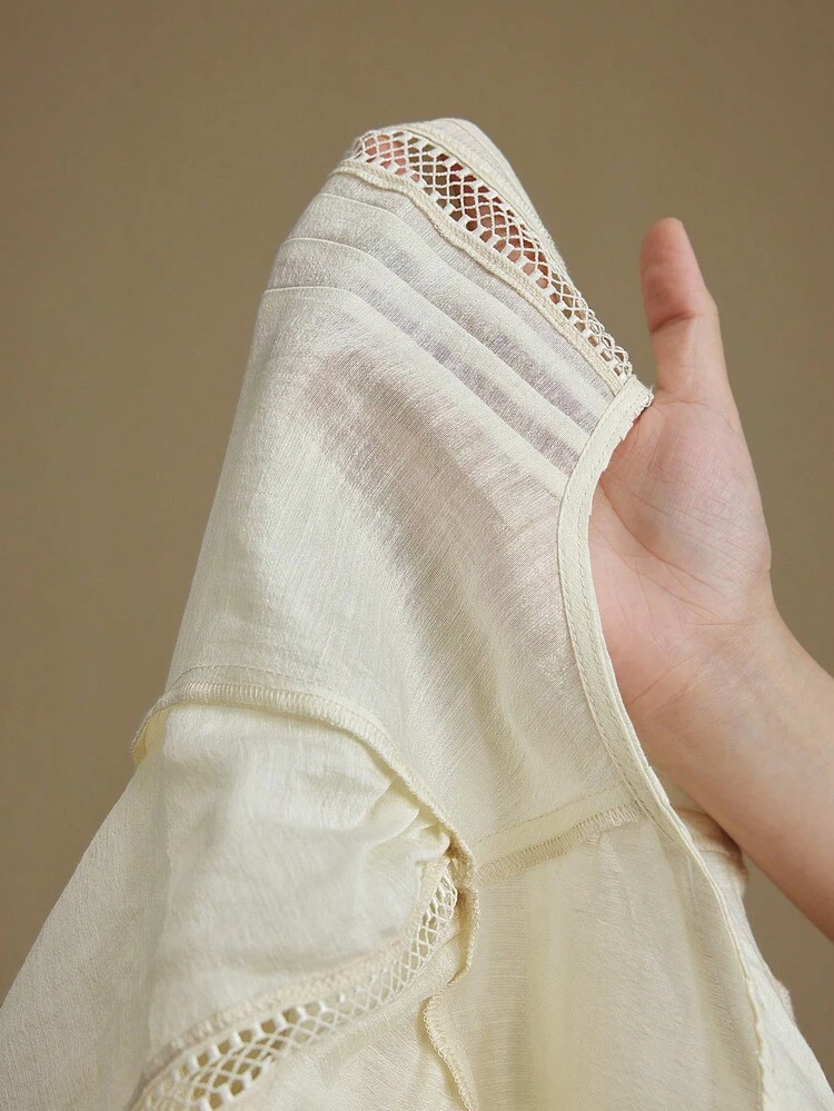 2026SS Vacation Style, Elegant, Bohemian, Apricot Color, Containing Acetate Tencel Linen Material, Hollow Embroidery, Women's Blouse, Round Neck, Long Sleeve, Loose Fit, Casual Wear, Summer Clothing, New Arrival 2025