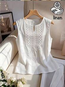 Franclia 波西米亚复古蕾丝拼接无袖上衣，白色蕾丝拼接吊带背心，适合度假和通勤 - 白色 - 查看 7