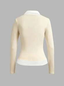 Glimmora Blusa de manga larga con efecto de capa casual para mujer, adecuada para uso diario, ir al trabajo y la primavera/otoño - Albaricoque - Ver 2