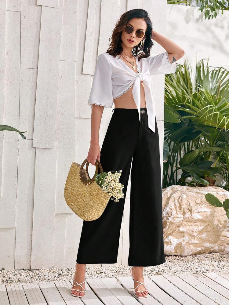 Women Daily Wear Solid Color Wide Leg Pants Fall Cloth For Women