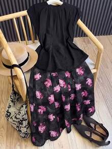 Rusticease Women's Summer Casual Solid Color Top And Floral Print Skirt 2-Piece Set Women Casual Outfits Women Spring Outfit Long Skirt And Top Women Summer Outfits Long Skirt Sets Skirt And Top Sets For Women Women's Summer Outfits Women Outfits Sets - Black - View 3