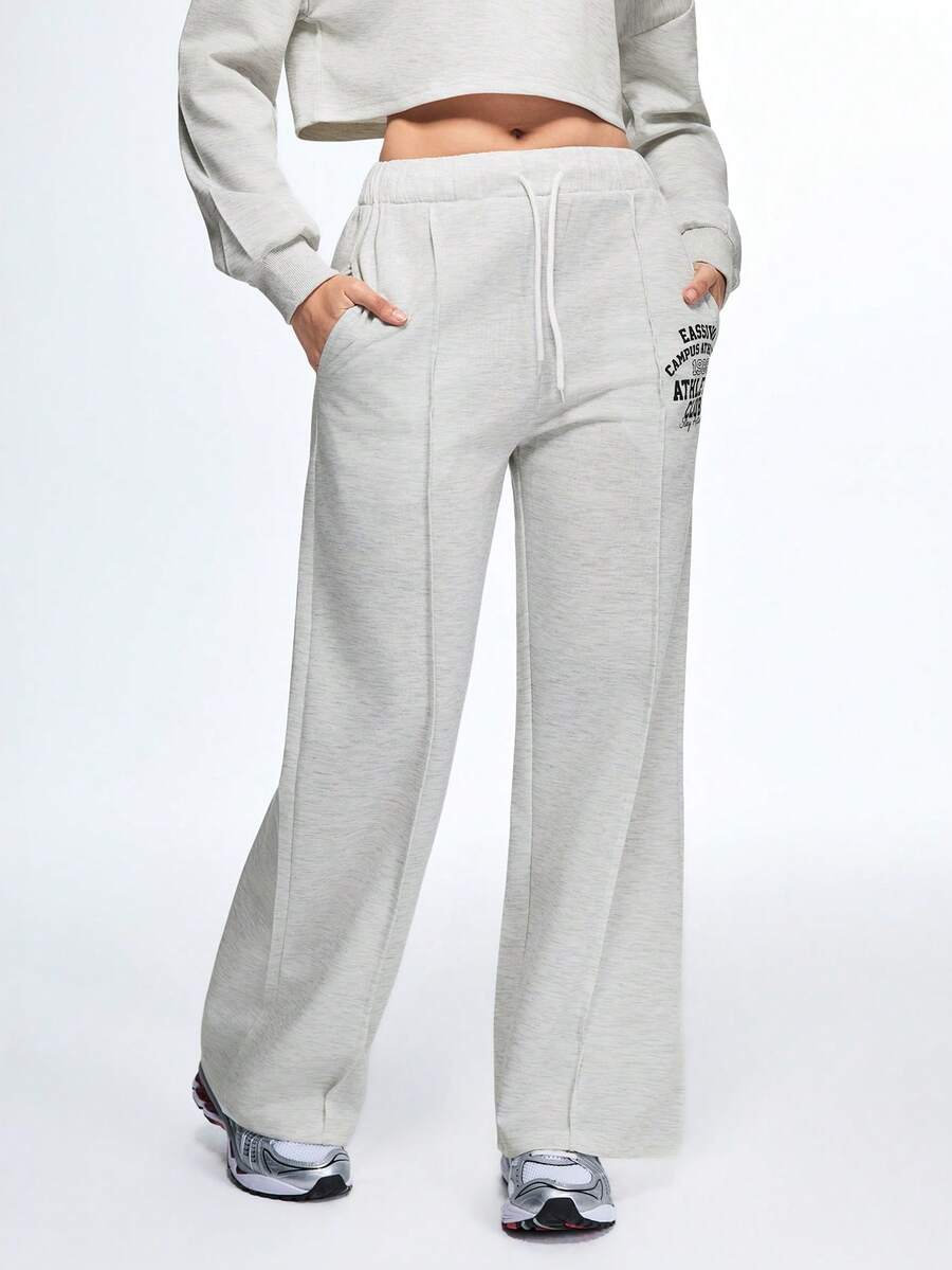 Eassivo Letter Print Drawstring Waist Casual Sports Pants - Apricot - View 1