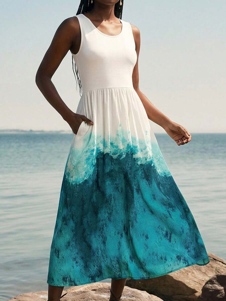 Amorya Đầm midi nữ cổ tròn, phối màu, xếp ly, eo thon, thanh lịch, thích hợp dự tiệc. - Nhiều màu - Xem 1