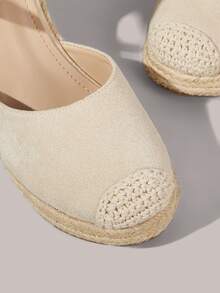 Styleloop 女士圆头坡跟厚底米色弹力带舒适透气休闲绳编坡跟鞋，适合日常通勤、简约度假、旅行、波西米亚音乐节穿搭 - 杏色1 - 查看 5