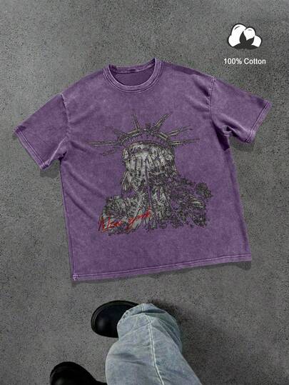 Manfinity EMRG 男士纽约标语和自由女神像图案印花T恤，美式街头风格纯棉圆领短袖T恤