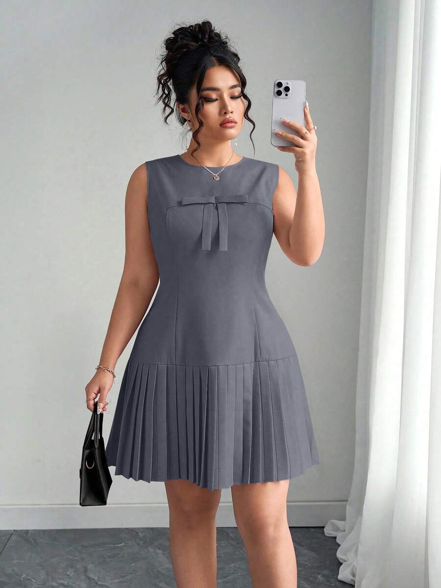 Elenzga Đầm midi không tay buộc eo kiểu công chúa thanh lịch cỡ lớn cổ tròn xếp ly vải lanh, thời trang & tôn dáng khi chụp ảnh, màu hồng - Xám - Xem 1