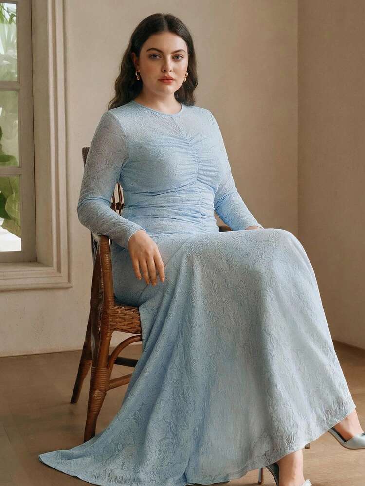 Plus Size Anewsta Elegant,Spring Women's Long Sleeve Lace Dress Maxi Women Outfit,Pleated Fishtail Dress, Long Sleeves, Round Neck,New Year,Christmas,Valentine's Day