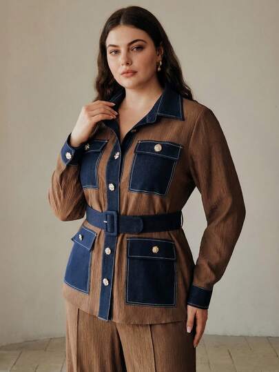  Áo sơ mi dài tay Anewsta mùa Xuân/Hè kiểu dáng hiện đại retro, phối màu khối, chất liệu vải dệt nổi bật, có túi lớn và thắt lưng, dành cho nữ cỡ lớn.