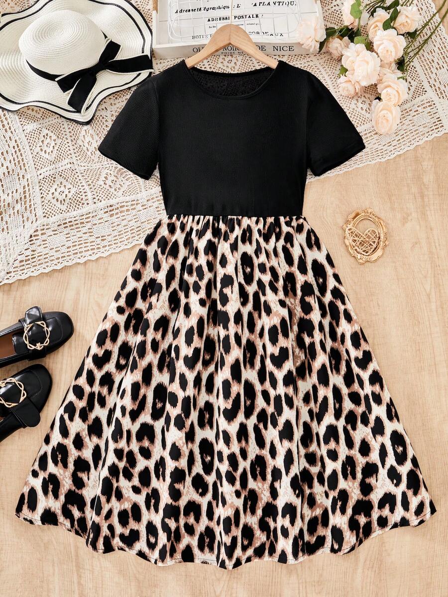 SHEIN Girls Back To School Spring/Summer Comfortable Casual Short Sleeve Knit Leopard Dress Teen - Black - View 1