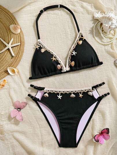 SHEIN Black Shell Sea Star Hanging Neck Split Swimsuit Summer New Skin Friendly Quick Drying Swimsuit Lace Lace+Shell Decoration High Waist Side Buckle Design Seaside Vacation Beach Pool Fashion Dressing Sweet Cool Personalized Style Essential Bikini Sets Swimwear Womens Bikini Shell Charm Bikini Black Bikini
