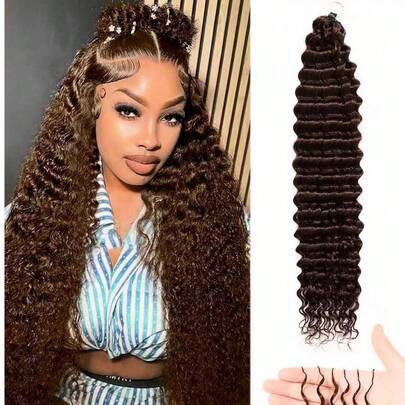 Boho Braids 波西米亚风编发羽毛钩编真人发深波浪卷真人发接发，预先分开无结手工钩编发，预绕环，16-22英寸，巧克力棕色