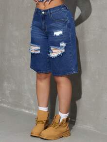 SHEIN PETITE Summer Women's PETITE Casual Daily Commuting Going Out Outfit Distressed Slant Pocket Casual Versatile Wide Leg Denim Blue Shorts - Dark Wash - View 2