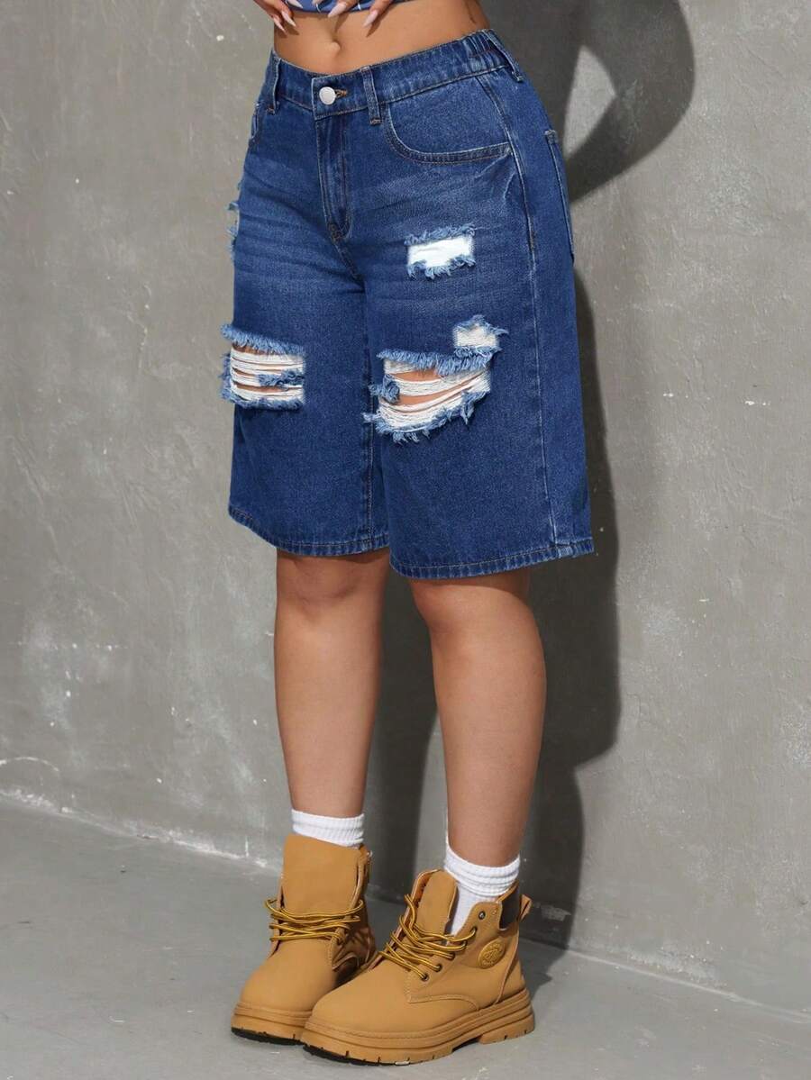 SHEIN PETITE 夏季女士小码休闲日常通勤外出穿搭破洞斜插口袋百搭阔腿牛仔蓝色短裤 - 深色水洗藍 - 查看 1