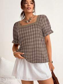 Freevana Plus Size Plaid Square Collar Short Sleeve Shirt - Coffee Brown - View 6