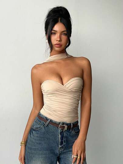 Aloruh Women's Spring/Summer Business Office Sexy Fall Soft Brushed Sweetheart Ruched Pleated Backless Halter Bodysuit,For Outgoing ,Street,Office