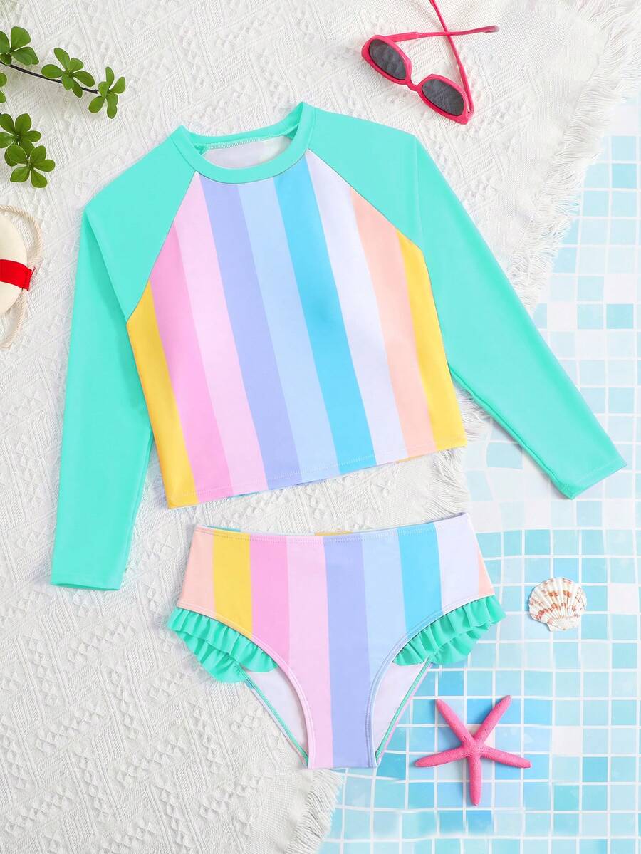 SHEIN 2件套少女彩色竖条纹速干舒适针织面料沙滩装套装,适合海滩、泳池、海边、冲浪、度假、夏季旅行 - 彩色 - 查看 1