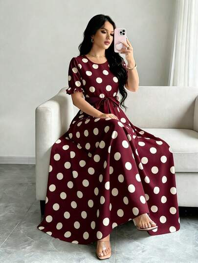 Modelyn Vestido largo burdeos con estampado de lunares blancos, vestido de mujer de diseño de cuello redondo, manga corta abullonada y cinturón en la cintura, elegante vestido de verano