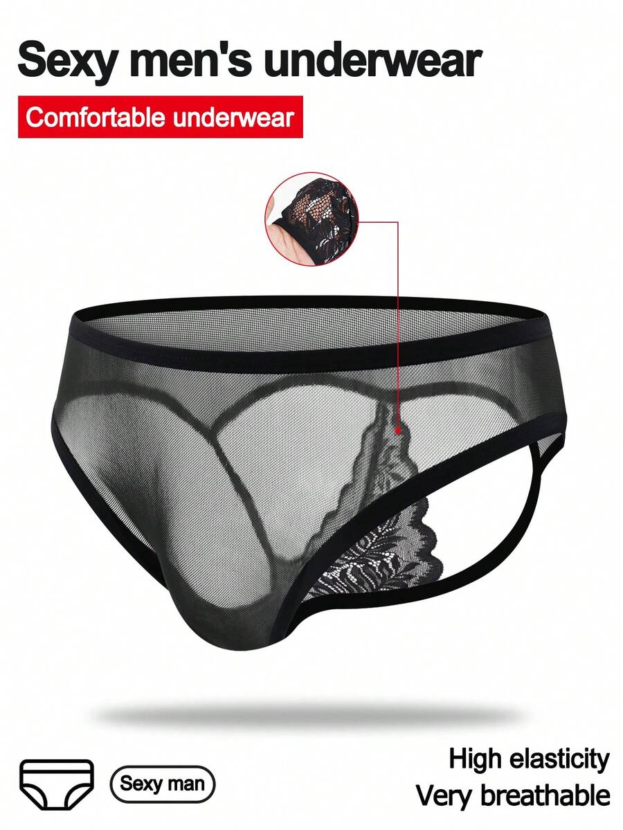 Black Lace Patchwork Men's Briefs - Black - View 1