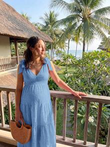 Lyckli Maternity Solid Color Deep V-Neck Ruffle Hem Casual Vacation Dress - Baby Blue - View 3