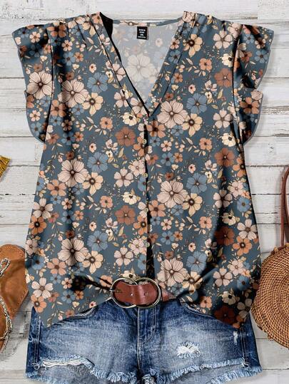 SHEIN LUNE Blusa casual de mujer con estampado floral y cuello en V, adecuada para el verano