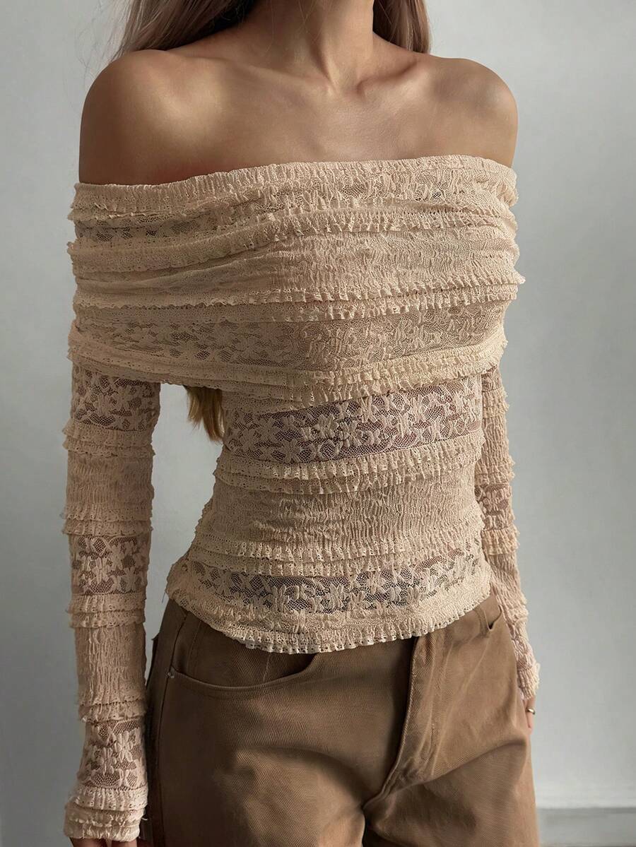 Strévra 杏色镂空蕾丝露肩休闲度假街头风钩针沙滩度假白色长袖T恤，适合夏季、春季和秋季穿着。 - 卡其色 - 查看 1