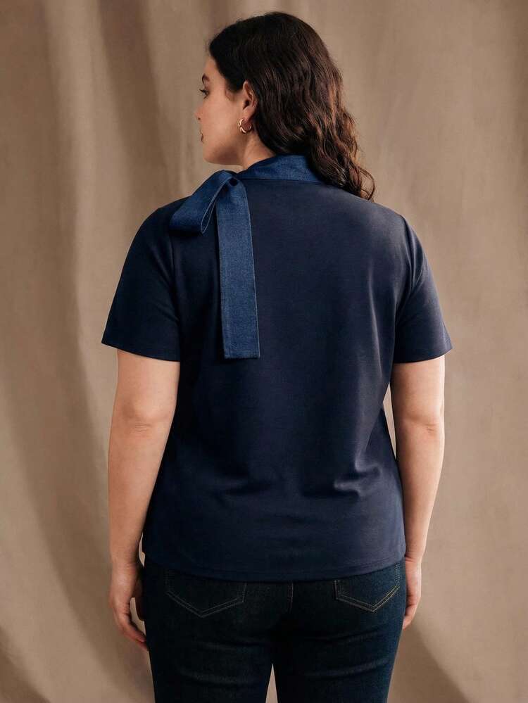 Anewsta Plus Size Women's Spring/Summer Navy Blue Mixed Cotton Blend Polo Collar Tie Waist Short Sleeve Fitted T-Shirt, Collar Contrast Denim-Look Fabric, Elegant Yet Casual Minimalist Slimming Versatile, Suitable For Casual Outings And Commuting
