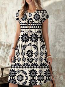 EMERY ROSE Casual Loose Round Neck Short Sleeve Midi Dress For Women, Suitable For Summer - Multicolor - View 5