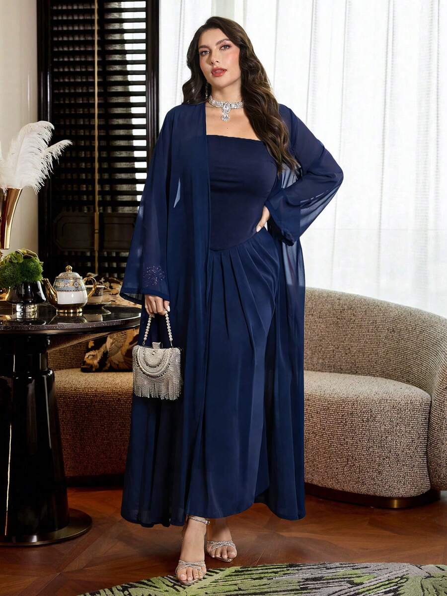 Modelyn Elegant Solid Color Ruched Waist Fitted Dress & Loose Chiffon Long Sleeve Cardigan Two Pieces Set, Plus Size, Spring/Autumn - Navy Blue - View 1