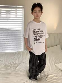 Dazy Kids Tween Boy Slogan Print Short Sleeve T-Shirt And Plaid Pants Pajama Set Summer - White - View 2